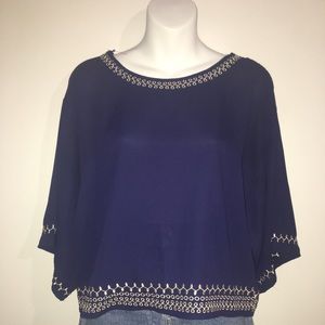 Quarter Sleeve Navy Blouse with White Trim Accents